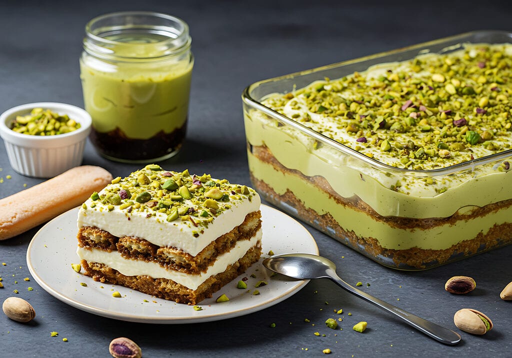 tiramisu à la pistache illustrant une tendance pâtissière premium avec pâte de pistache de Bronte et influence Dubai chocolate