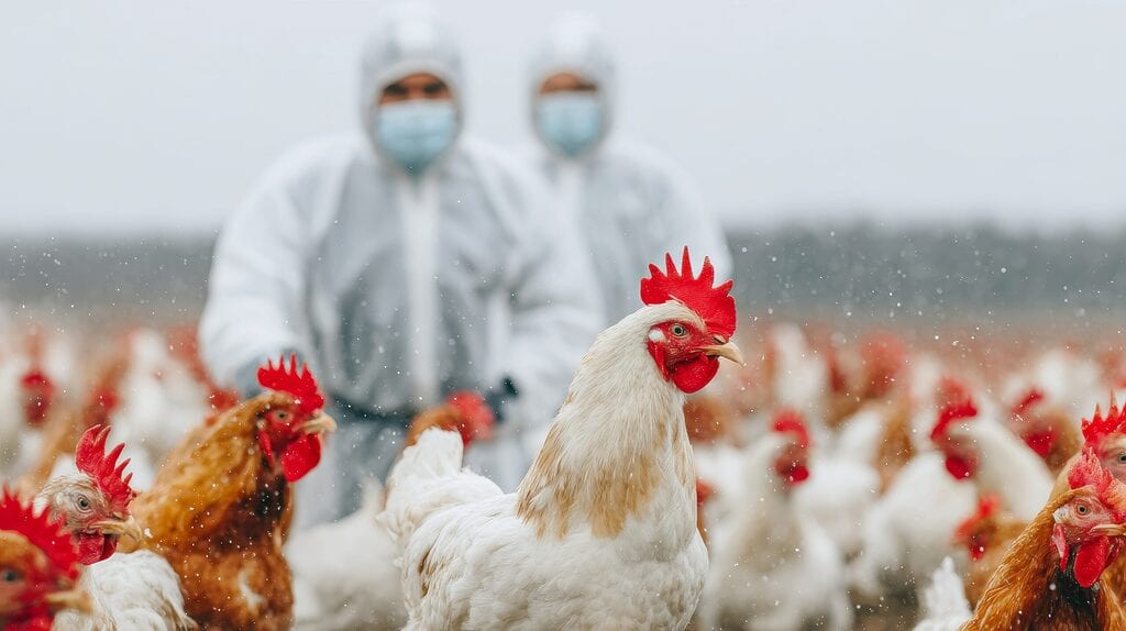 élevage de poules avec personnel en combinaison sanitaire illustrant la crise de la grippe aviaire et la pénurie d’œufs