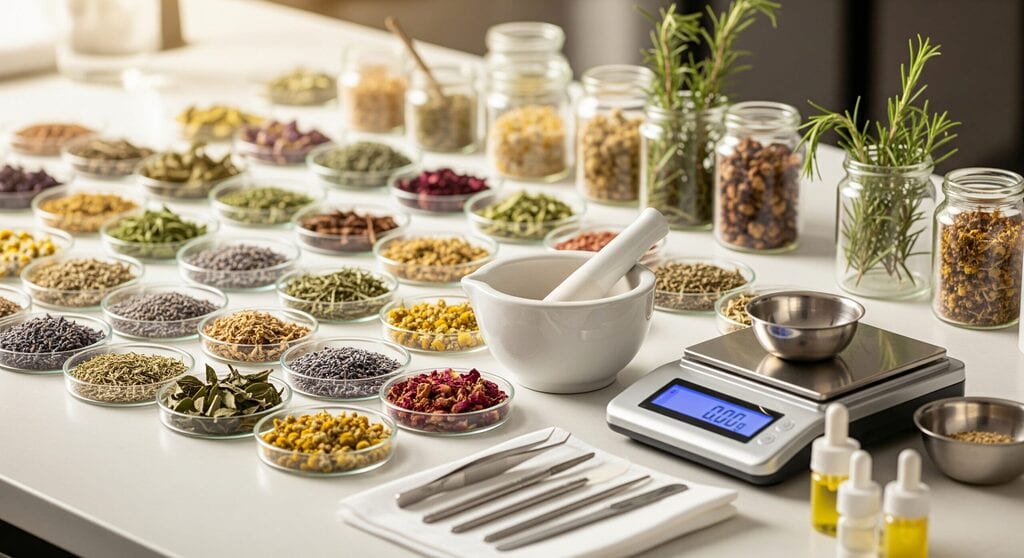 ingrédients et outils de précision en pâtisserie illustrant la formulation et la recherche de recettes alternatives sans gluten ni lactose
