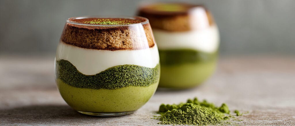 tiramisu au matcha illustrant un dessert fusion moderne avec équilibre entre amertume du thé et douceur du chocolat blanc