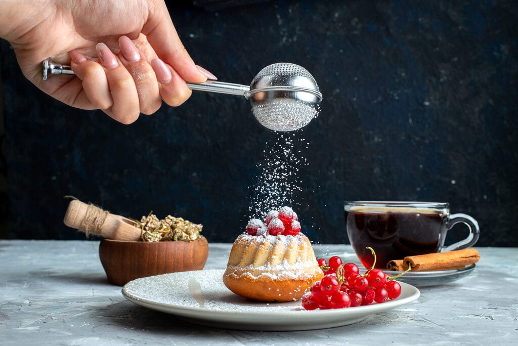 Petit gâteau glacé aux airelles rouges saupoudré de sucre
