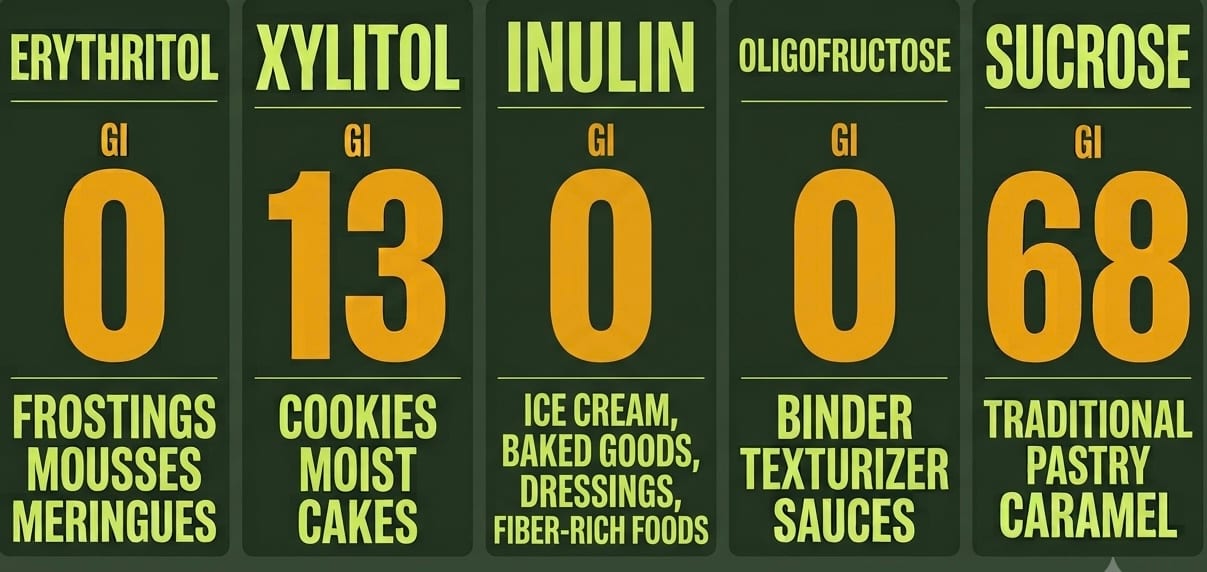 Comparatif édulcorants pâtisserie : érythritol IG 0, xylitol IG 13, inuline, oligofructose, sucrose IG 68 — index glycémique et usages professionnels