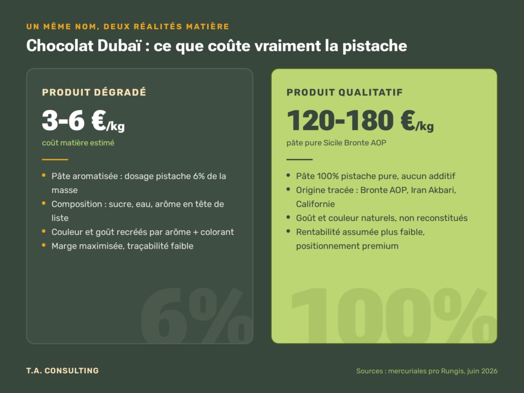 Comparatif prix pâte de pistache au kilo, produit dégradé versus produit qualitatif