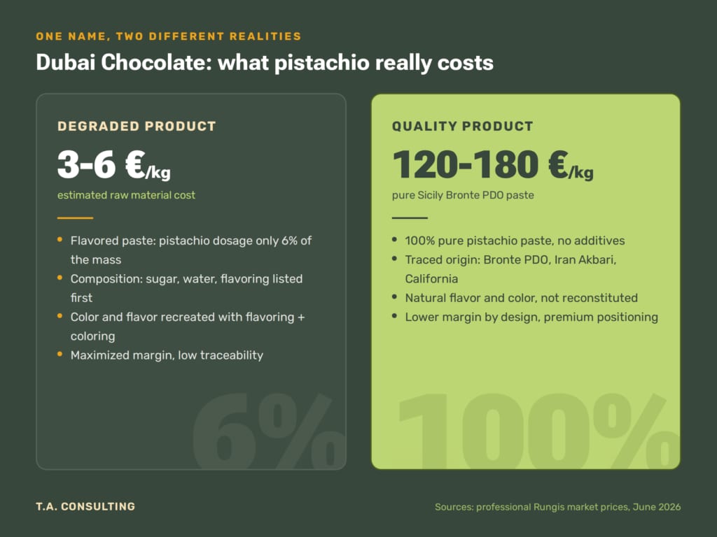 Comparison of pistachio paste price per kilo, degraded versus quality product